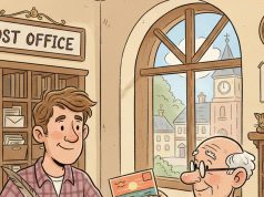 A man writing at the post office desk